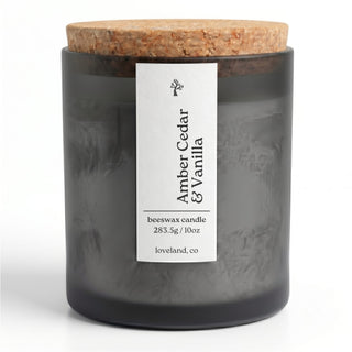 Amber Cedar & Vanilla beeswax candle 10 oz in matte glass jar with cork lid