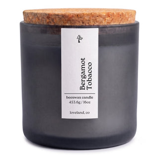 Bergamot Tobacco beeswax candle 16 oz in matte glass jar with cork lid