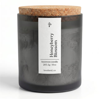 Honeyberry Blossom beeswax candle 10 oz in matte glass jar with cork lid