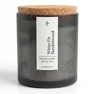 White Fir Sandalwood beeswax candle 10 oz in matte glass jar with cork lid