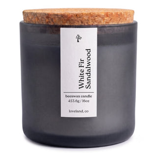 White Fir Sandalwood beeswax candle 16 oz in matte glass jar with cork lid