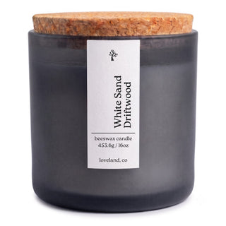 White Sand Driftwood beeswax candle 16 oz in matte glass jar with cork lid